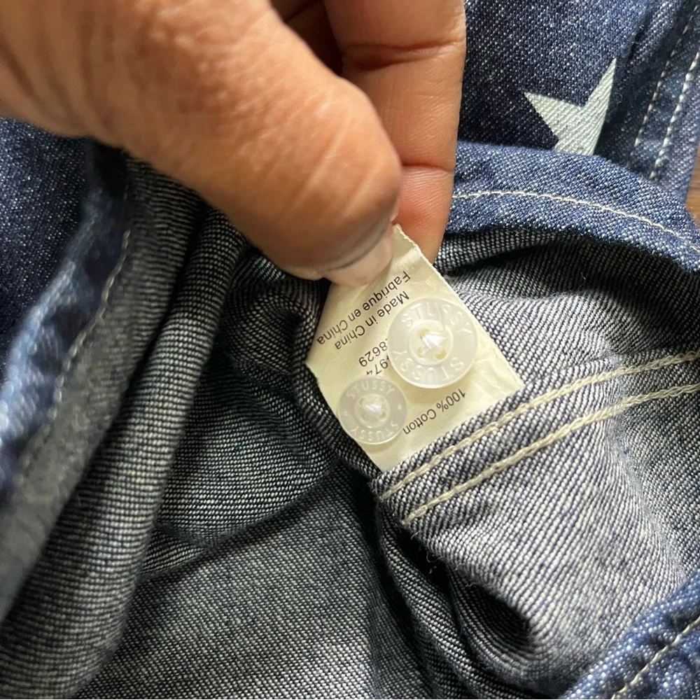 Stussy big star AOP logo spellout button front denim chambray shirt medium - Picture 6 of 10